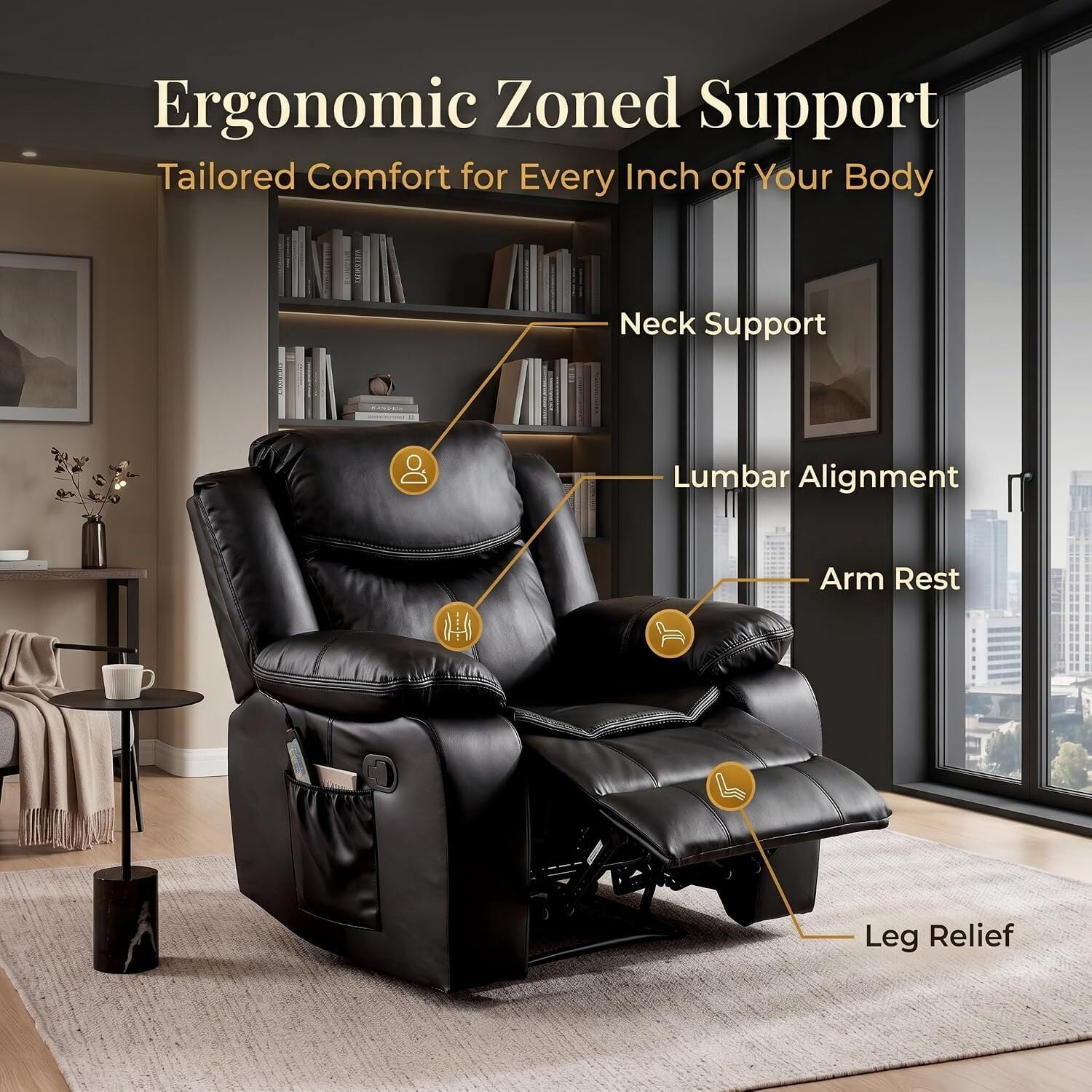 Recliner Chair,Oversized PU Leather Lounge Sofa 90°-160° Recline with 8 Vibration Massage Lumbar Heat Support 30D High Density Foam Side Storage Quick Assembly,Black