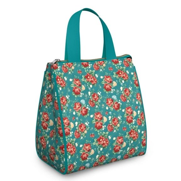 Pioneer Flower Floral Print Pattern Insulated Lunch Bag for Women & Adults,Large Portable Soft Cooler Lunch Bag,Thermal Food Storage Tote with Pearl Cotton,8.66L,8.75x5.75x9.5 Inch