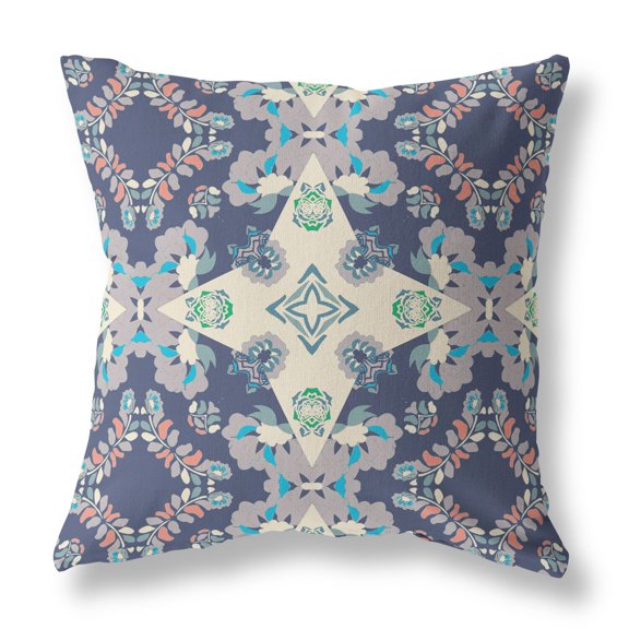 Rose Diamond Faux Suede Fabric Throw Pillow in Blue and Off White 16x16