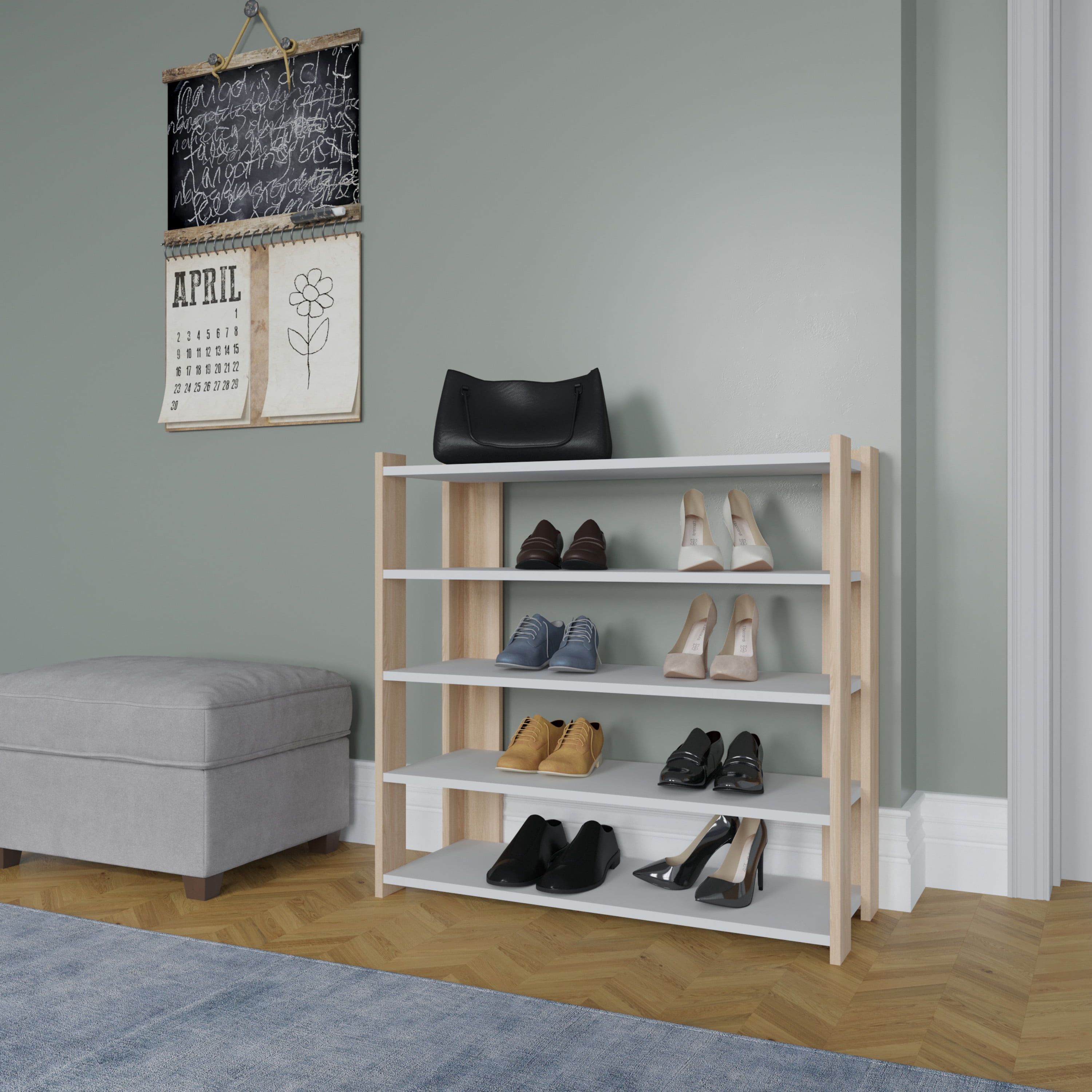 Ada Home Decor Furniture 4 Tier 16 Pair Oak White Gordon Modern Shoe Rack