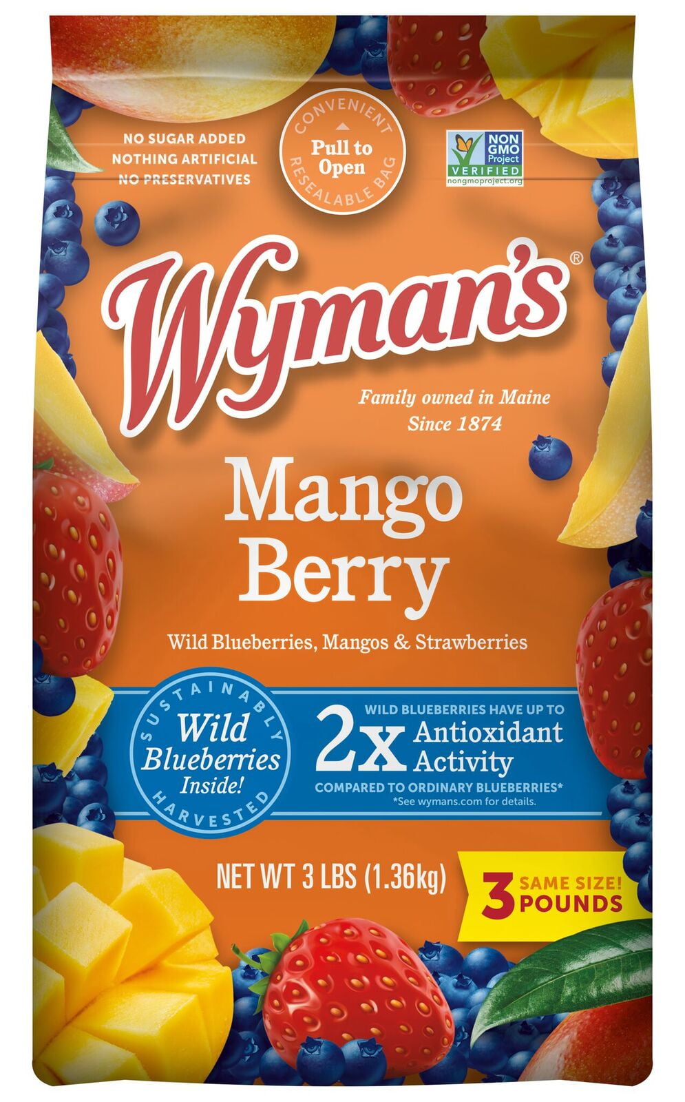 Wyman's Mango Berry with Wild Blues, Frozen, 48 oz,  1; 3 lbs. Bag