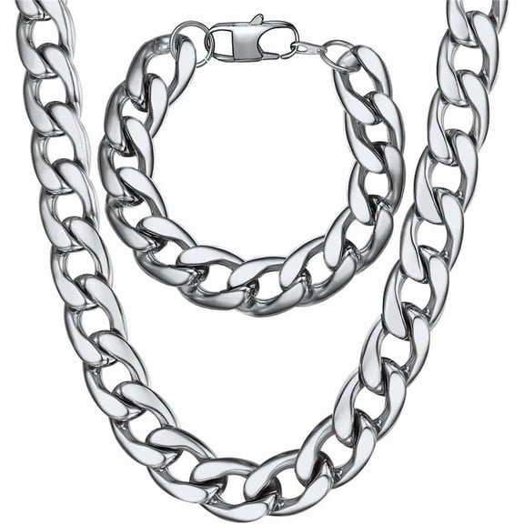 Men Cuban Link Chain 15mm Wide Stainless Steel Heavy Duty Chain Big Statement Jewelry Set Necklace Bracelet 22" 8.3"