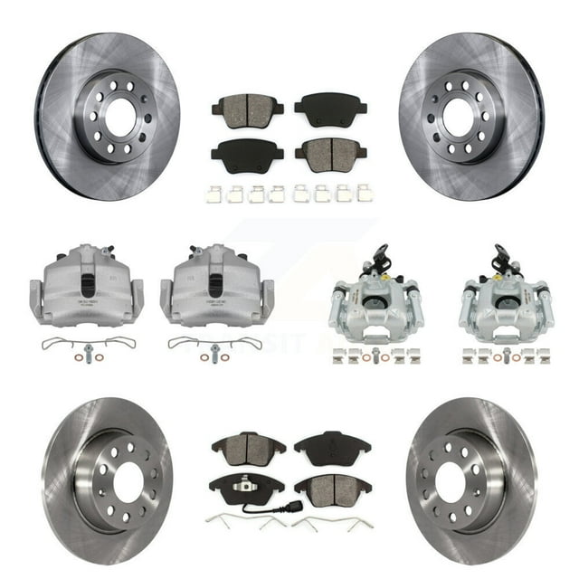 Transit Auto Front Rear Disc Brake Caliper Rotors and Semi-Metallic Pads Kit (10Pc) for Car 2012 Volkswagen Beetle 2.5L with Naturally Aspirated with 288mm Diameter Rotor KC8-100982S