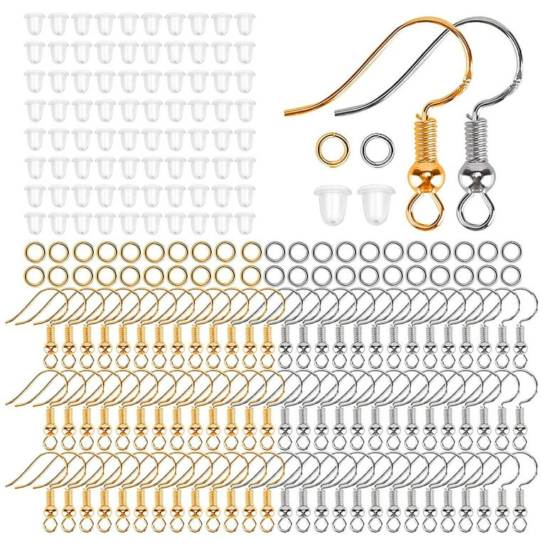 Hands DIY 300pcs Earring Hooks Plated Hypoallergenic Ear Wire Hook Fish Shape Earrings Making Supplies with Open Jump Rings Earring Safety Backs for
