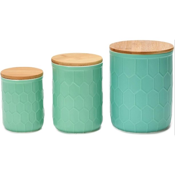 Farmhouse Stoneware Canisters with Design and Bamboo Lids, Mint Green and Natural, Set