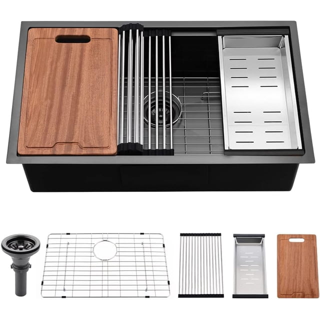 Poste de Travail Encastré Évier de Cuisine - Évier de Cuisine Encastré Poste de Travail en Acier Inoxydable Jauge d'Évier Bol Profond Simple Évier de Cuisine avec Accessoires