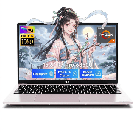 15.6" IPS FHD Gaming Laptop 16GB LPDDR5 RAM 1TB SSD AMD Ryzen 7 Pro 6850U (Beat i7-1360P Up to 4.7GHz) AMD Radeon 680M GPU with 100W Type-C Backlit Keyboard Fingerprint RoseGold