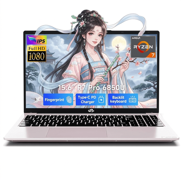15.6" IPS FHD Gaming Laptop 16GB RAM 512GB SSD AMD Ryzen 7 Pro 6850U (8 Cores Up to 4.7GHz) AMD Radeon 680M GPU with 100W Type-C Backlit Keyboard Fingerprint Reader RoseGold
