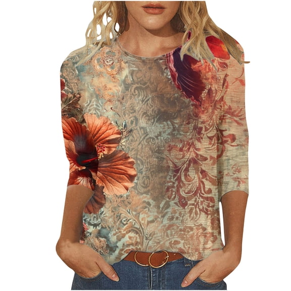 HAPIMO Women' Plus Size Elegant Blouses Crew Neck Tees Summer Tops for Women Flower Print Tops Casual Loose Flowy Fashion Clothes Dressy Tunic Multicolor L