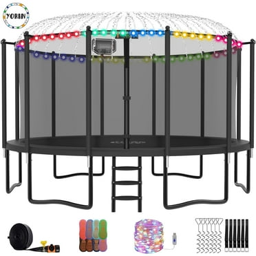 YORIN Trampoline with Enclosure Net, 1500LBS 16FT Trampoline for 8-9 Kids Adults with Basketball Hoop, Ladder, Light, Sprinkler, Socks, Outdoor Heavy Duty Recreational Trampoline