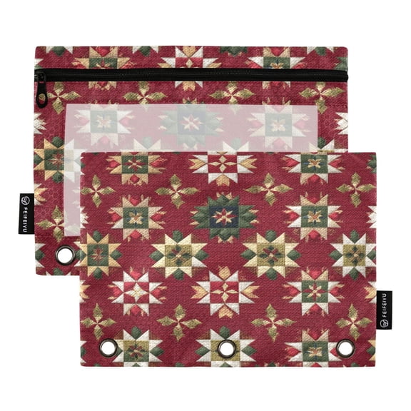 Christmas Pattern on Red Background Binder Pouches Zipper Pocket Document Storage 3 Rings 2 Packs A5 Size