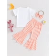 thumbnail image 4 of Suealasg Kids Girl 3Pcs Easter Outfits Short Sleeve Crew Neck Rabbit Letters Print T-shirt Top Striped Print Flare Pants Headband 0-4 Years Toddler Baby Girl Summer Clothes, 4 of 9