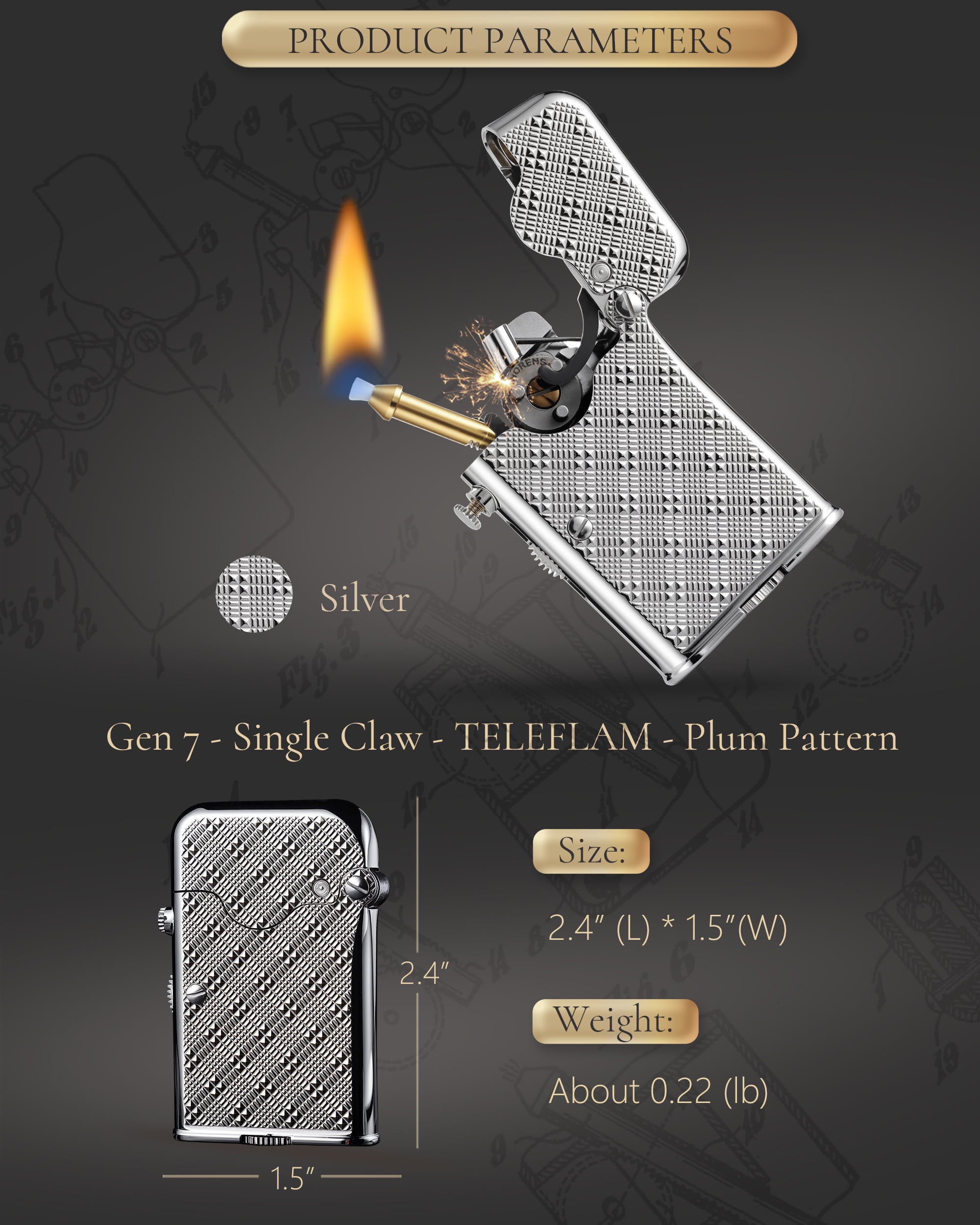 Automatic Ignition,Telescopic Classic Brass Kerosene Pipe Lighter,Refillable,Soft Flame,Camping,Thorens Teleflam Gen 7 Plum Pattern Single Claw,Birthday Gift