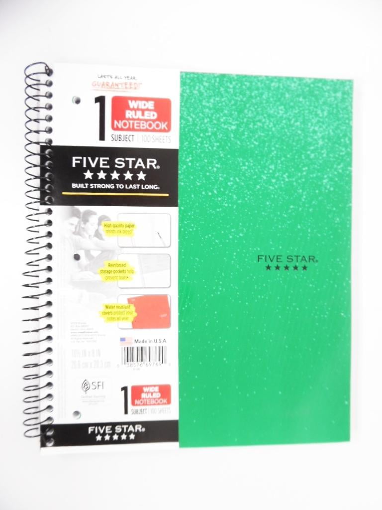 Five Star Spiral Notebook, 1 Subject, Wide Ruled, Green, 100 Sheets