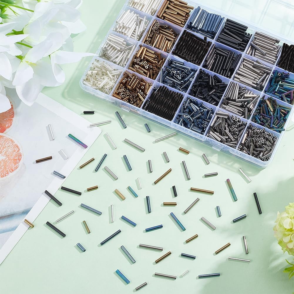 2165pcs 24 Styles Glass Bugle Beads Metallic Long Seed Beads 9/12/15/18/20x2.5mm Tube Beads Craft Beads Loose Spacer Bead for Earrings Bracelets Necklaces Waist Chain Jewelry Making DIY