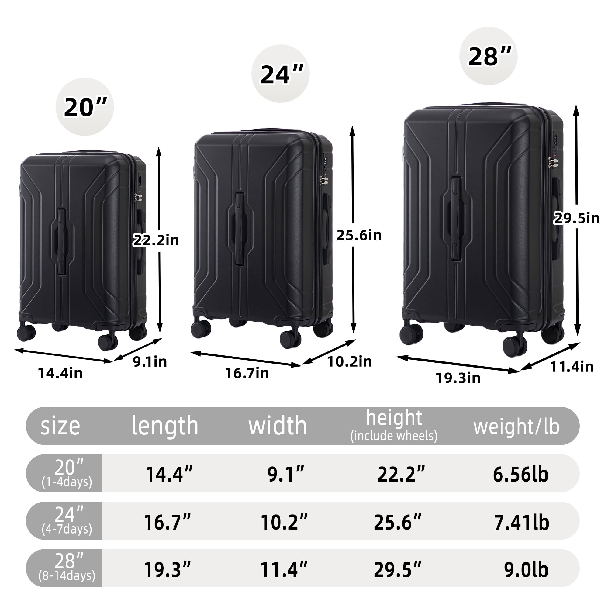 ABS Spinner Wheel Luggage, Carry on Suitcase with TSA Combination Lock
