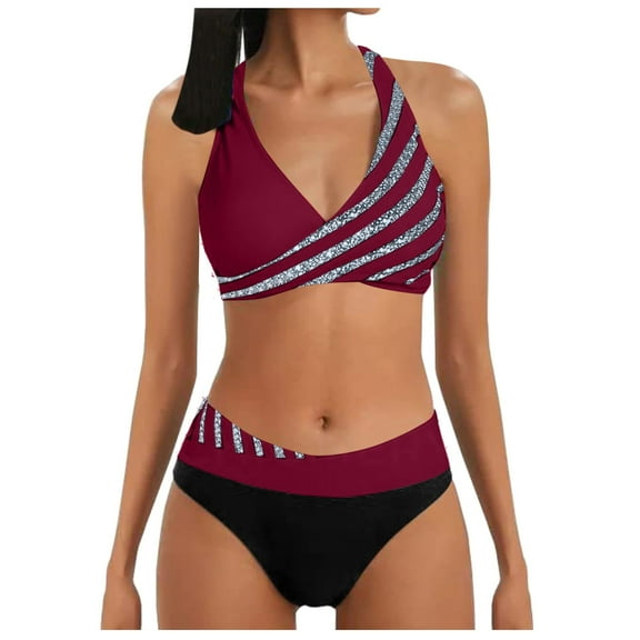 Cathalem Women High Waisted Thong Bikini Set Reversible String 2 Piece Swimsuit (Wine,XL)