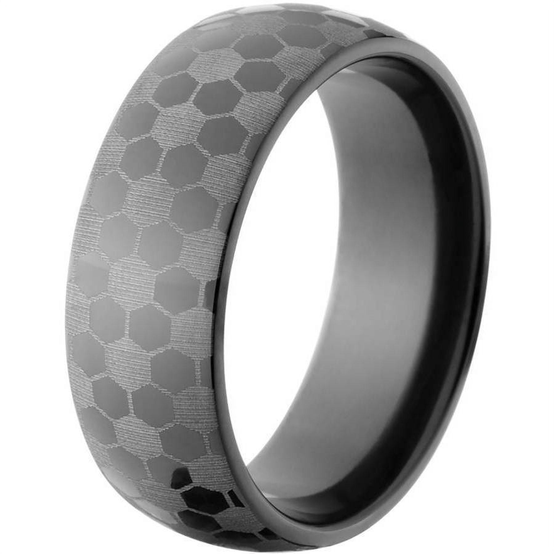 8mm Half-Round Black Zirconium Ring with a Lasered Soccer Design
