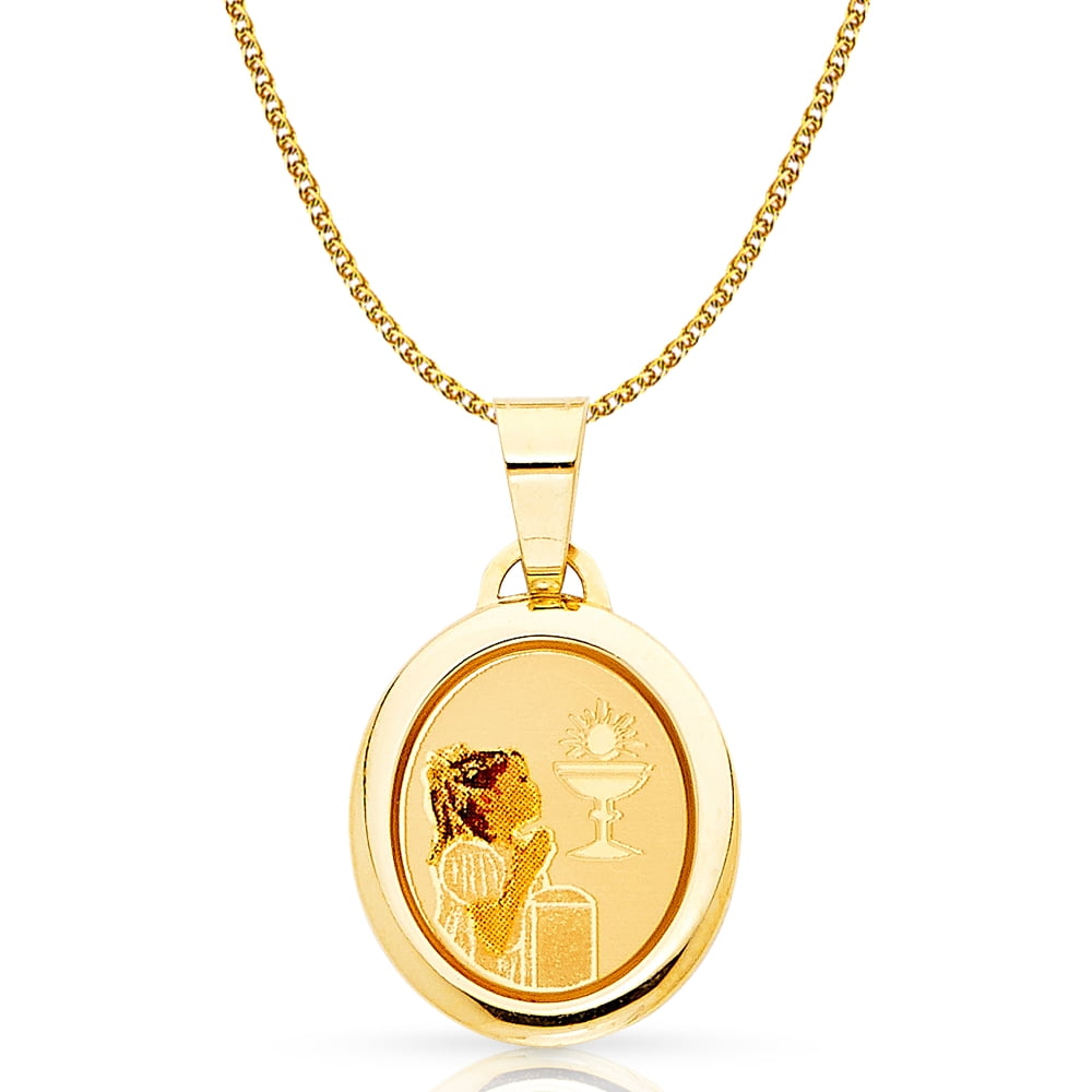 14K Yellow Gold Communion Enamel Picture GirlCharm Pendant with 1.5mm Flat Open Wheat Chain Necklace 14K Yellow Gold Communion Enamel Picture GirlCharm Pendant with 1.5mm Flat Open Wheat Chain Necklace