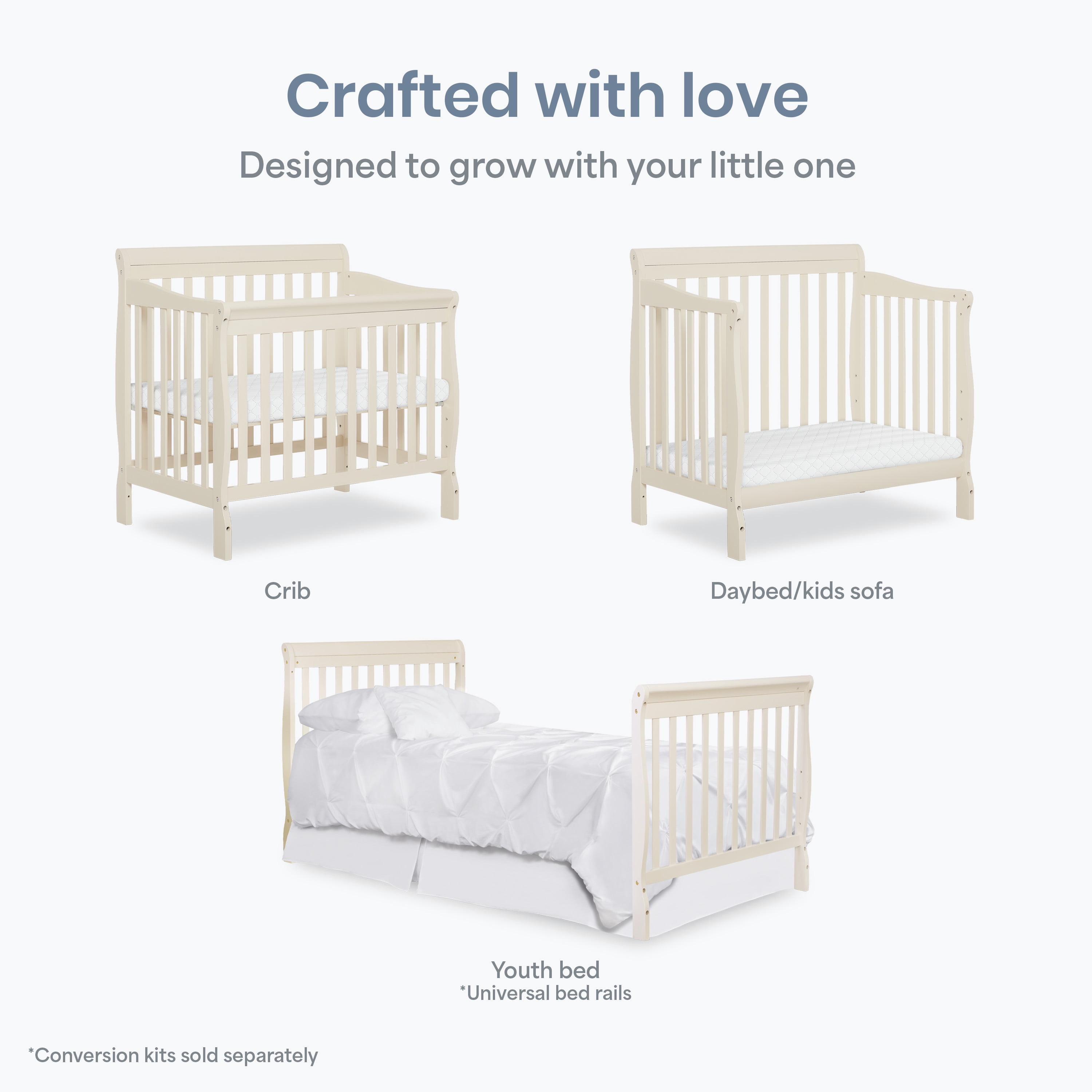 Dream On Me Aden 4-in-1 Convertible Mini Crib In French White, Greenguard Gold Certified