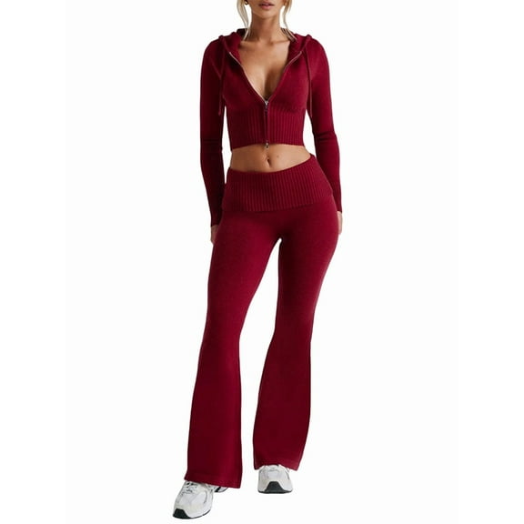 Womens Two Piece Knit Outfits Sweater Set Long Sleeve Zip Up Cropped Hoodie Top and Bootcut Pants Set Wine Red L