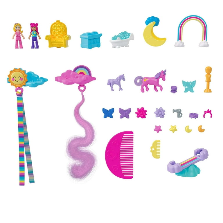 Polly Pocket 2-In-1 Travel Toy, Rainbow Unicorn Salon Styling Head with 2  Micro Dolls & 20+ Accessories