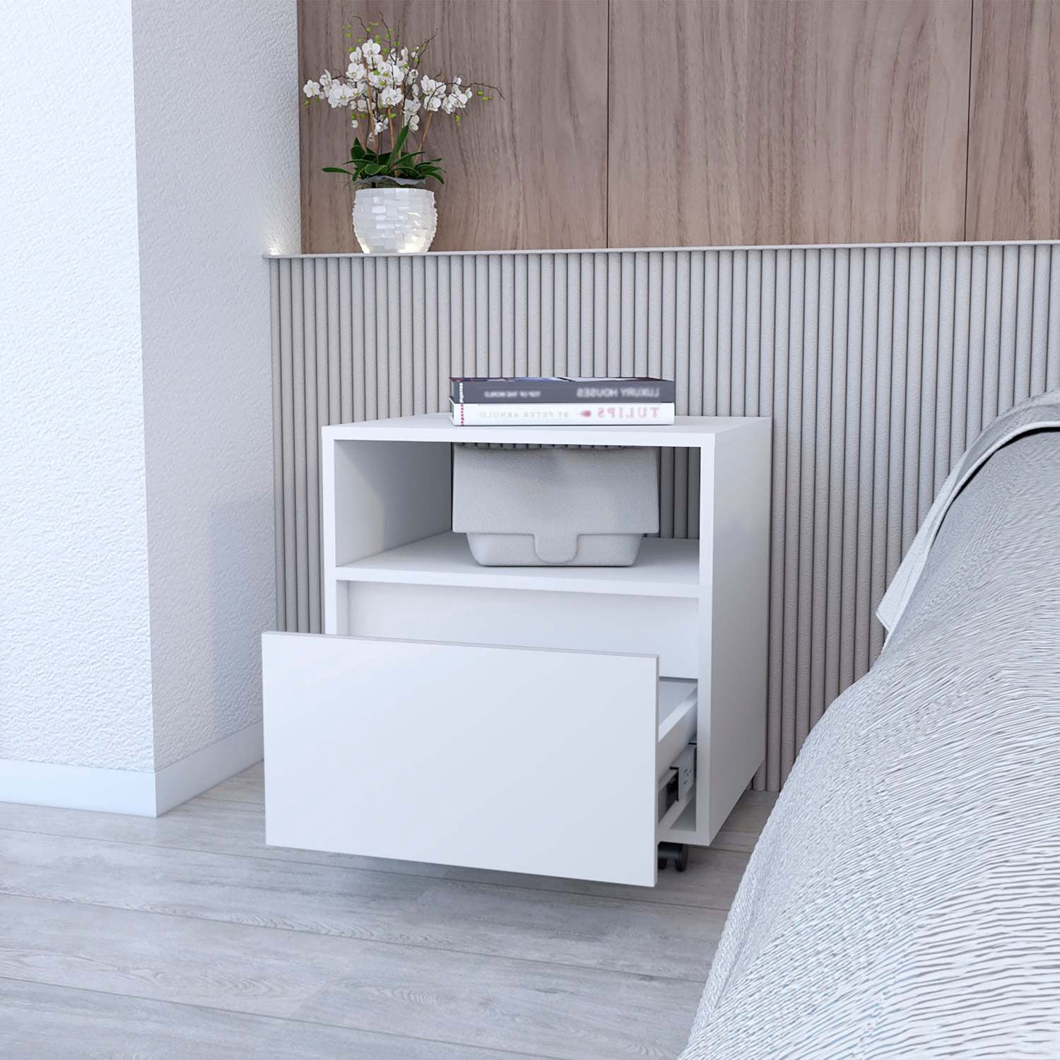Duncan Nightstand, Contemporary Style with Open Shelf and Drawer