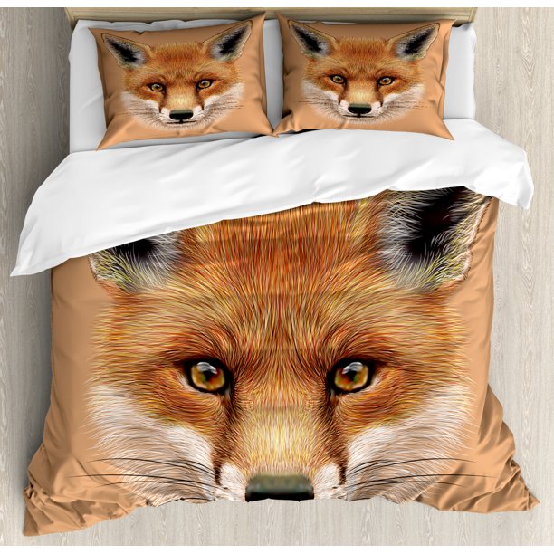 Fox Duvet Cover Set Queen Size Cute Fluffy Face Of Forest Fox Young Baby Mammal Predator