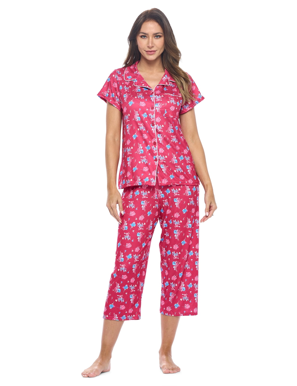 Casual Nights Women's Super Soft Capri Pajamas Set, Short Sleeve Button ...