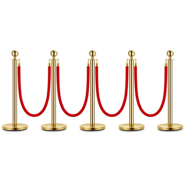 Towallmark Gold Stanchion Posts with Red Suede Rope – Luxury Crowd Control Barriers for VIP Events, Museums, Hotels & Red Carpet Entrances – 5-Pack | 4 Soft Ropes
