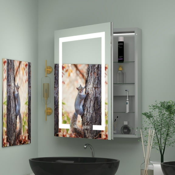 24x30” L Lighted Medicine Cabinet, Anti-Fog, Clock, Thermometer, Surface/Recessed, 2 Outlet 2 USB