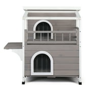 Ktaxon Outdoor Cat House Wooden, 2-Story Outside Cat Shelter Condo Enclosure with Escape Door, Weatherproof Openable Roof, Gray
