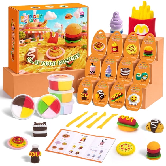HiberyHom Air Dry Clay for Kids, Fast Food Themed, 12 Pack 4 Colors Magic Clay with Tutorials Sculpting Tools, Creative Art Crafts Toys Gifts for Girls Boys
