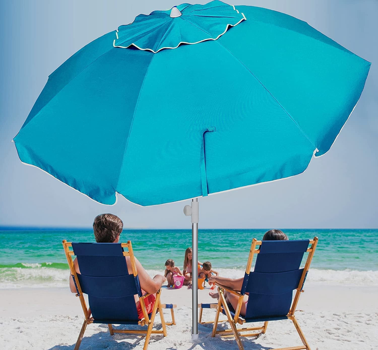 AMMSUN 6.5ft Twice Folded Portable Travel Beach Umbrella with Sand Anchor UPF50+ Protection,Sky Blue