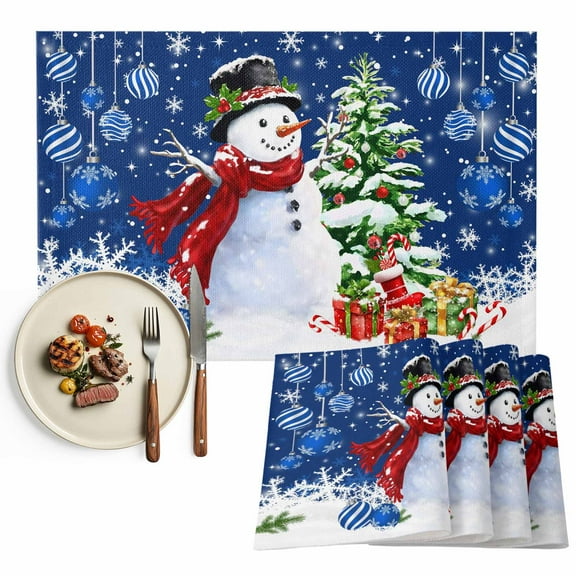 Navy Blue Snowman Placemats Set of 8, Christmas Balls Tree Gift Snowflake Table Mats Washable Heat-Insulation Non-Slip Place Mats for Kitchen Dinner Table Indoor Outdoor Decor,13x19 Inch
