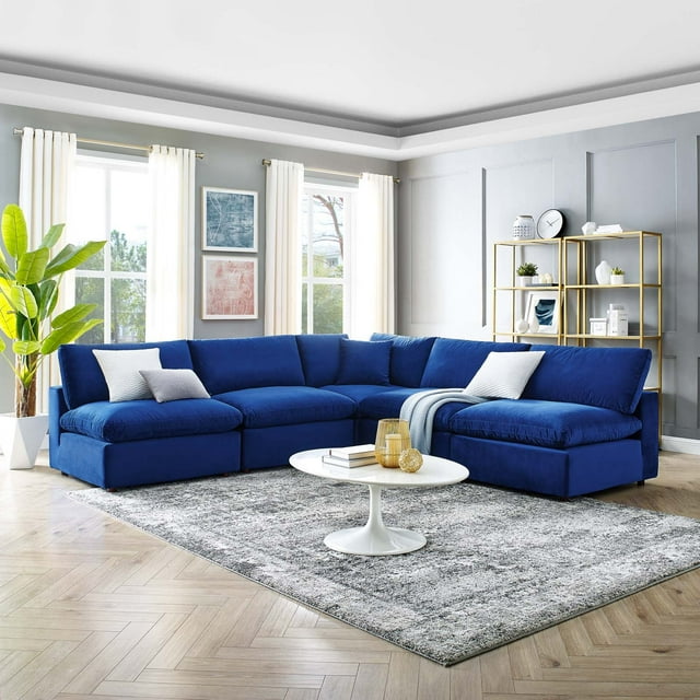 Modway Commix Canapé Sectionnel 5 Pcs Surrempli en Velours de Performance Garni de Duvet, Bleu Marine