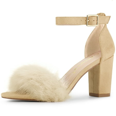 

Unique Bargains Women s Ankle Strap Faux Fur Block Heels Sandals