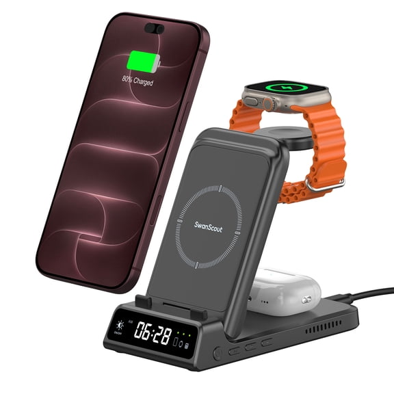 Charging Station for iPhone, SwanScout 703A, Wireless Charger for iPhone 17/Air/16/15/14/13/12/11 Series, for Apple Watch 10/Ultra 2/9/8/7/6/5/SE 2, for Airpods Pro 3/2, Foldable and Portable