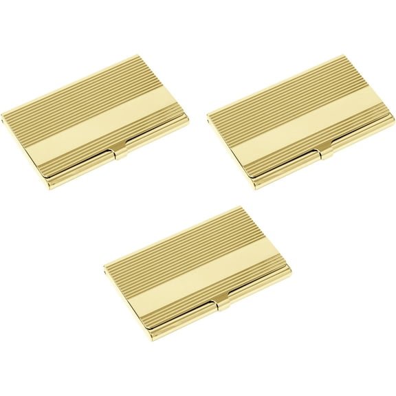 Set of 3 Slim & Minimalist Metal Business Card Holder Unisex Case (Gold Band Ridges)