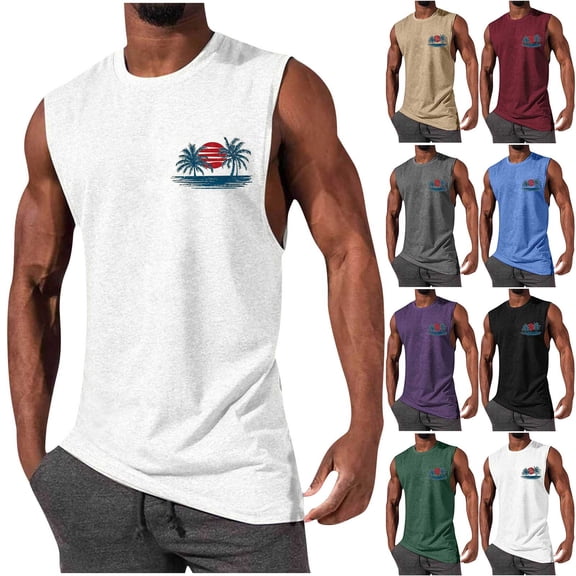 Akmaiox Men's Palm Tree Sunset Graphic Tank Top Casual Workout Muscle Sleeveless Shirt for Summer Sports S-XXL
