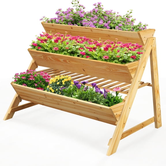 Biotree 3 Tier Wooden Vertical Raised Garden Bed with Storage Shelf and Side Hooks, 47x30x32 Inch Fir Wood Elevated Planter Box for Vegetables Flowers Herbs, Natural