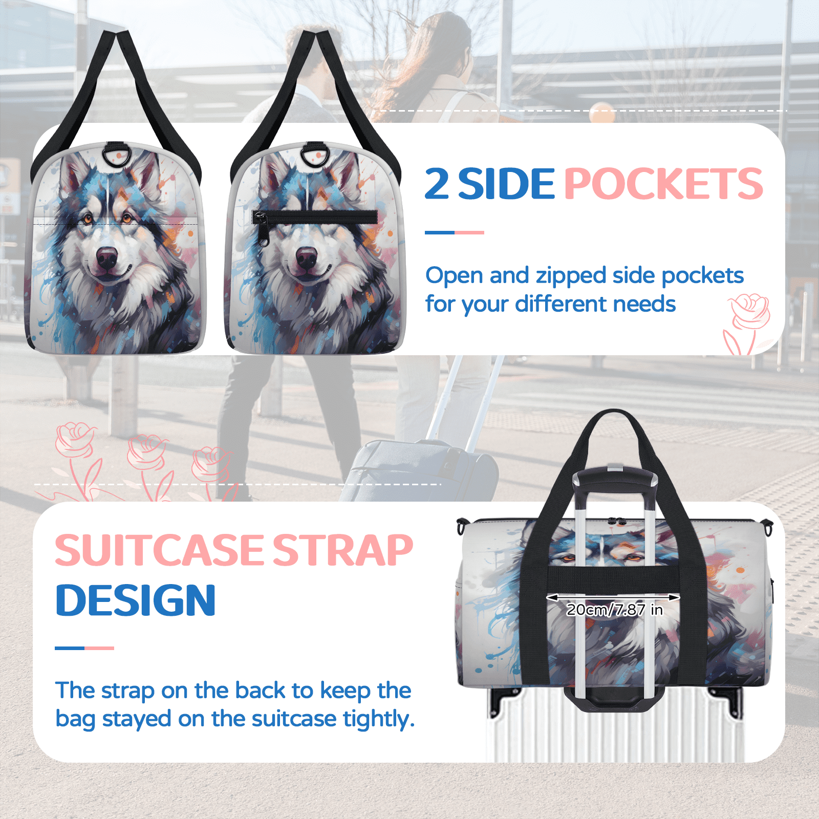 Herdesigns Wtaercolor Husky Dog Gym Bag for Women, Duffle Bag for Travel Sport, Lightweight Waterproof Carry on Weekender Overnight Dance Yoga Workout Bags