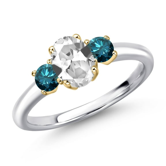 Gem Stone King 10K Two Tone Gold White Created Sapphire and Blue Diamond Engagement Ring for Women | 1.30 Cttw | Oval 7X5MM | Gemstone September Birthstone | Size 6