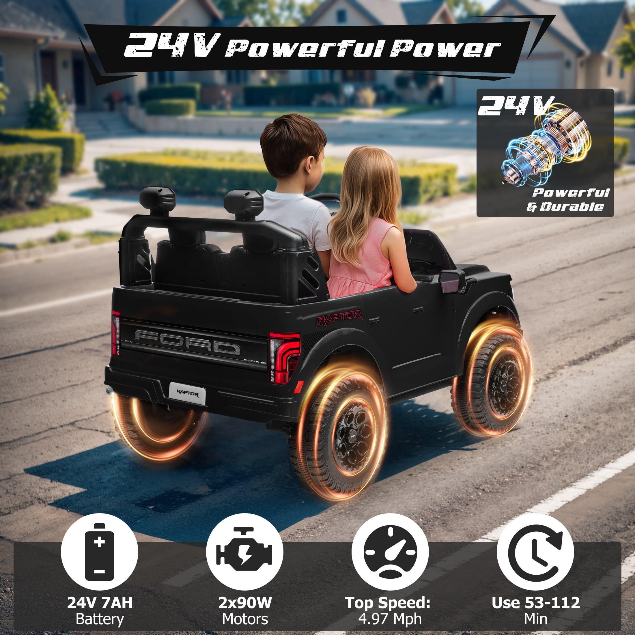 Ford F150 Raptor 2 Seater Ride on Toy Trucks for Kids, 24V Powered 2 Seat Ride on Cars with Remote Control/4 Wheelers/LED/Bluetooth/ Truck Bed Storage/Soft Start, Kids Electric Cars for Boys Girls