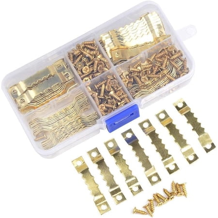 Juego de 100 colgadores para cuadros, Metal, Varios tamaños, Tornillos incluidos, Dorado