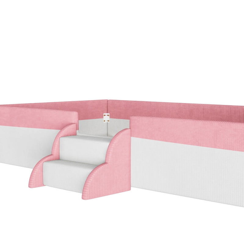 Twin Size Corduroy Upholstered Floor Bed Frame with Fence, Kids Low-Profile Platform Bed with 2-Tier Steps & Smart LED Lights
