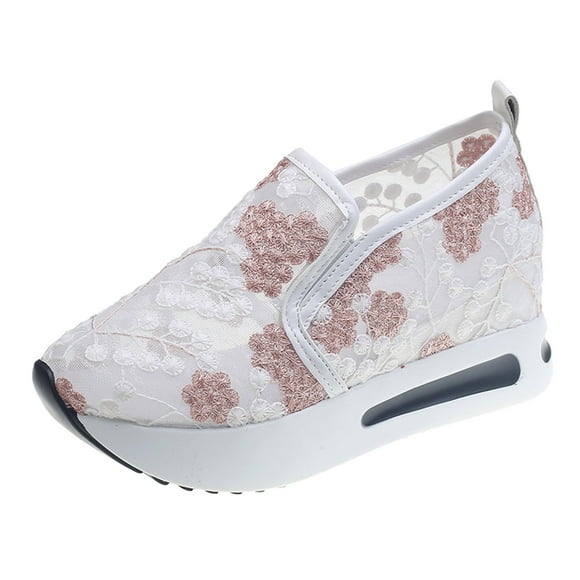 2025 Ladies Breathable Lace Mesh Slide on Shoes Women Casual Flower Embroidery Round Head Womens Slip on Walking Shoes Lightweight Casual Thick Bottom Comfortable Casual Work Shoes Women Shoes