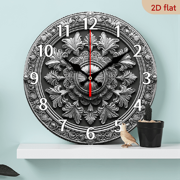 2D Flat 1pc 10Inch fantasy theme wooden wall clock, featuring an intricate Silvery gray ornamental pattern design, silent clock, suitable for living room, study room decoration