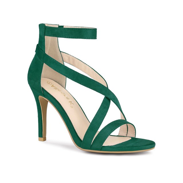 BLISSFUL STEP Women Zipper Ankle Strap Stiletto Heel Sandals Emerald Green 5