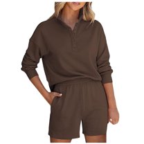 Scyoekwg Two Piece Sets for Women 2025 Fall Outfits Sweatsuit Long Sleeve Tops Shorts Fashion Casual Matching Outfits Lounge Set (Brown,XXL)